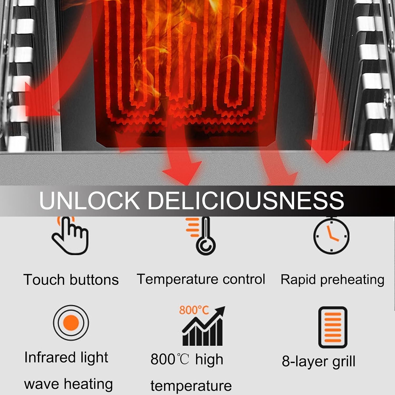 1700W Indoor Commercial Steak Grill,Electric Steak Broiler +glove-Time Temperature Adjustable/Touch Button/800℃ High Temperature/8-Layer Grill-for Beef Chicken Vegetables,A