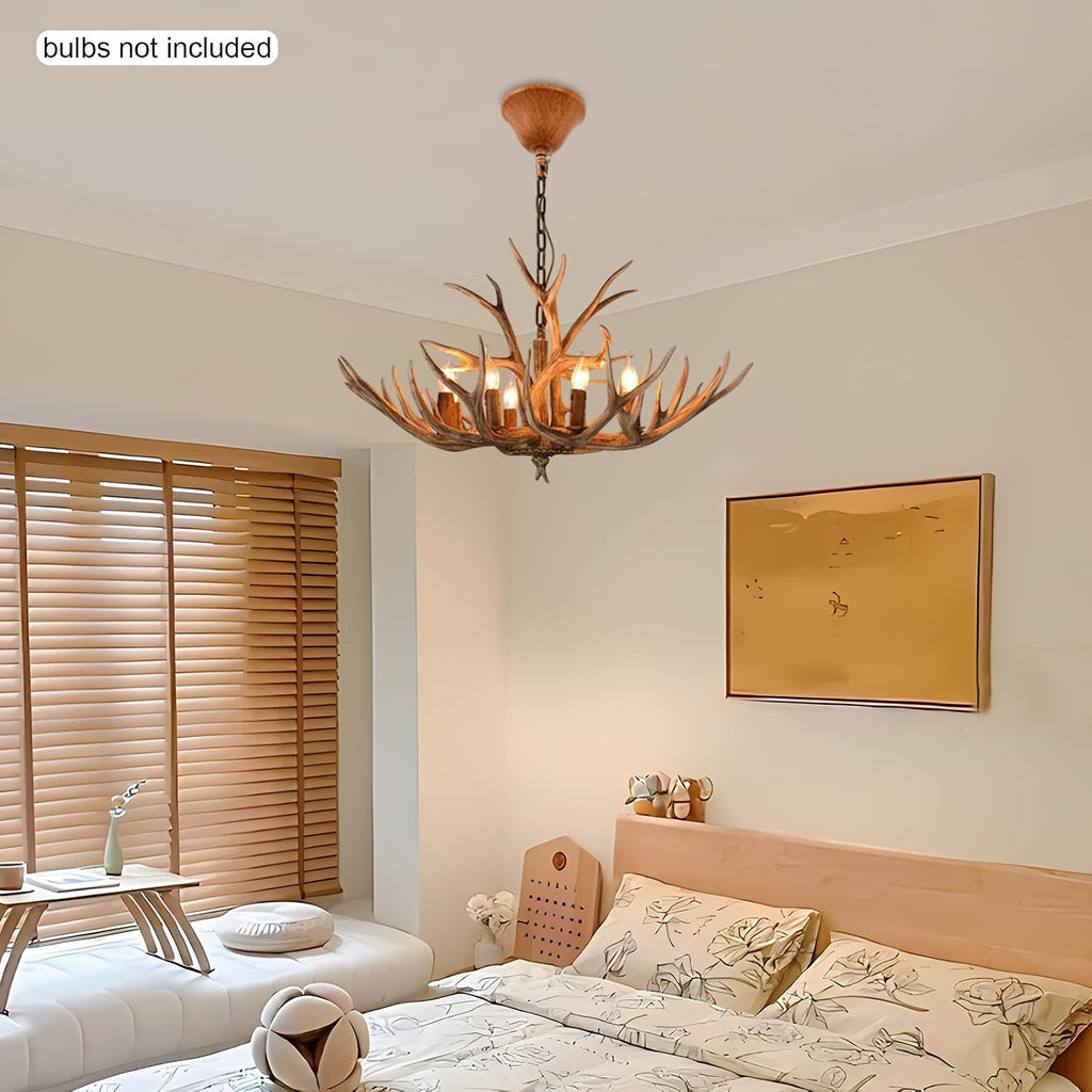 TFCFL 6-Light Antlers Chandelier, Retro Country Style Deer Horn Chandelier Lighting Height Adjustable E12 Base Pendant Light for Living Room Bedroom Kitchen Bar, Bulbs Not Included