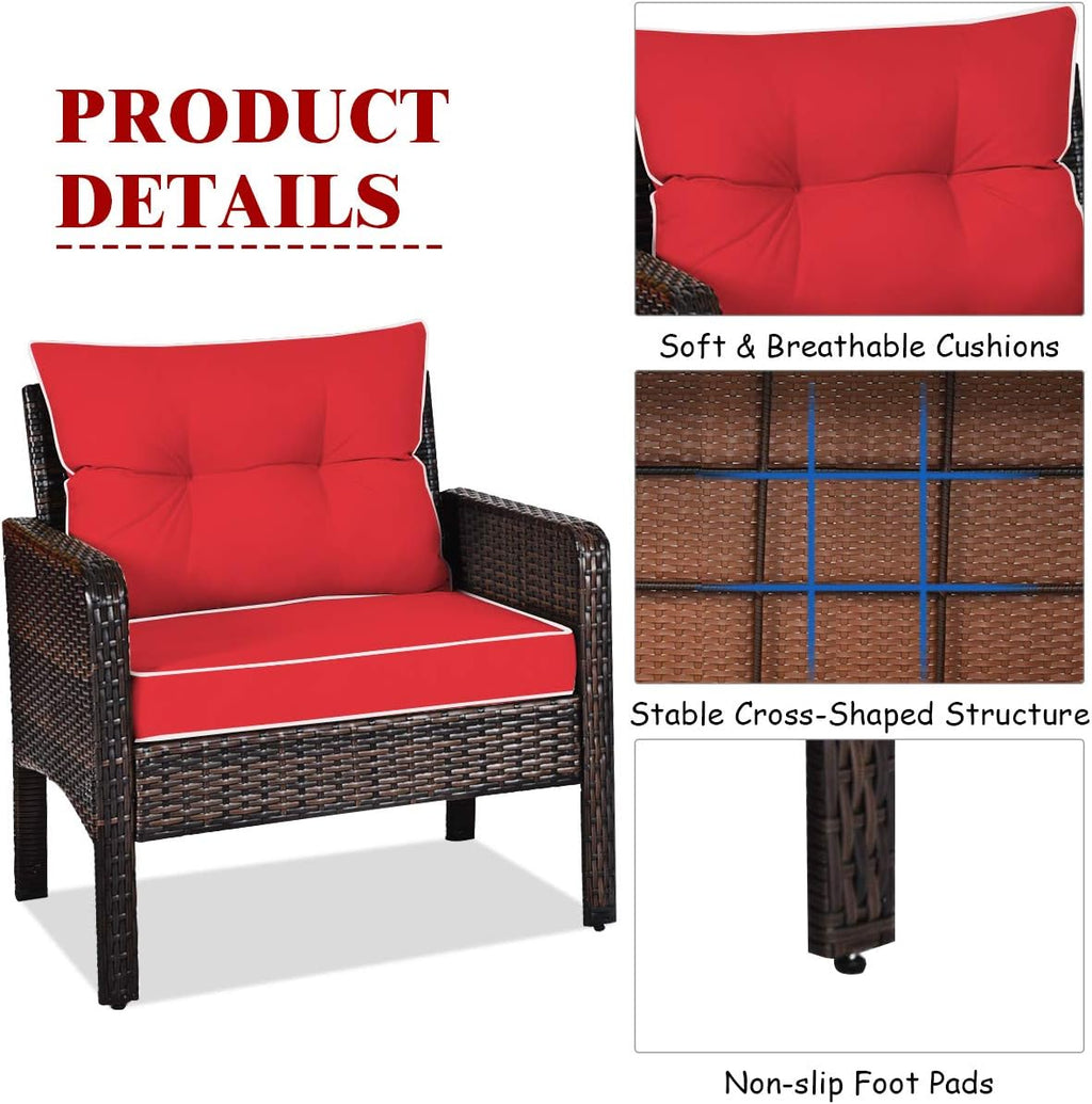COSTWAY 3PCS Patio Furniture Set, Outdoor Wicker Cushioned Sofa Set with Coffee Table, All Weather Rattan Conversation Set for Garden Balcony Backyard Poolside Lawn, Red