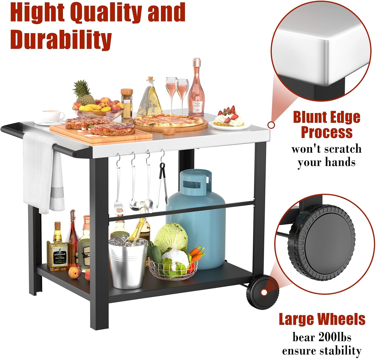 34' x 24' Movable Stainless Steel Flattop Grill Cart for Ninja Woodfire & Blackstone Griddles, Pizza Oven Table for Outside, Extra-Wide Stainless Steel Cart with Wheels for Kitchen Food Prep Table