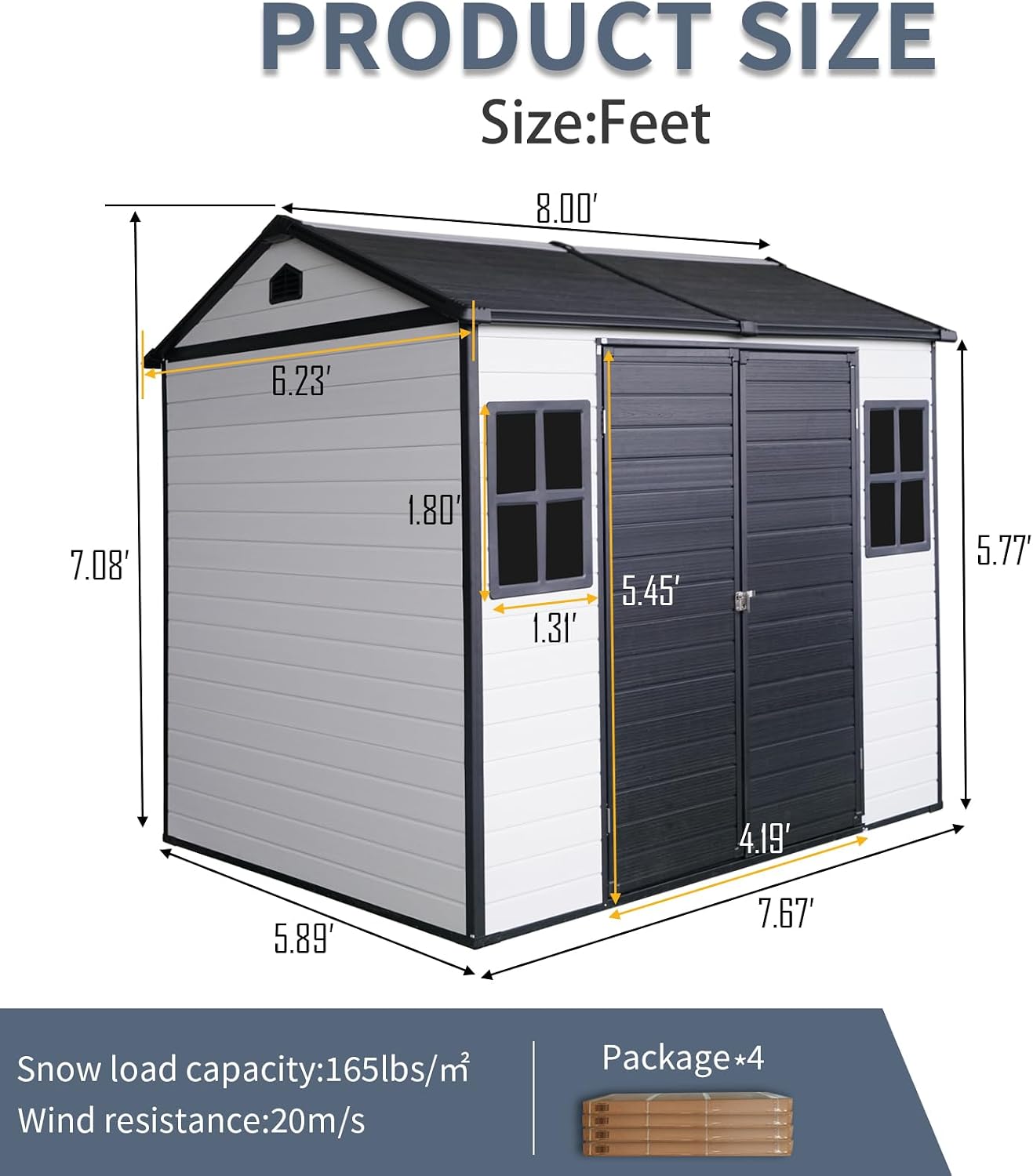 Ball & Cast 8x6 FT Resin Outdoor Storage Shed,Waterproof Garden Organizer Tool House with Floor & Two Windows,Backyard Cabinet w/Lockable Door and 2 Ventilation,Shelter for Car,Lawnmower,Grey+White