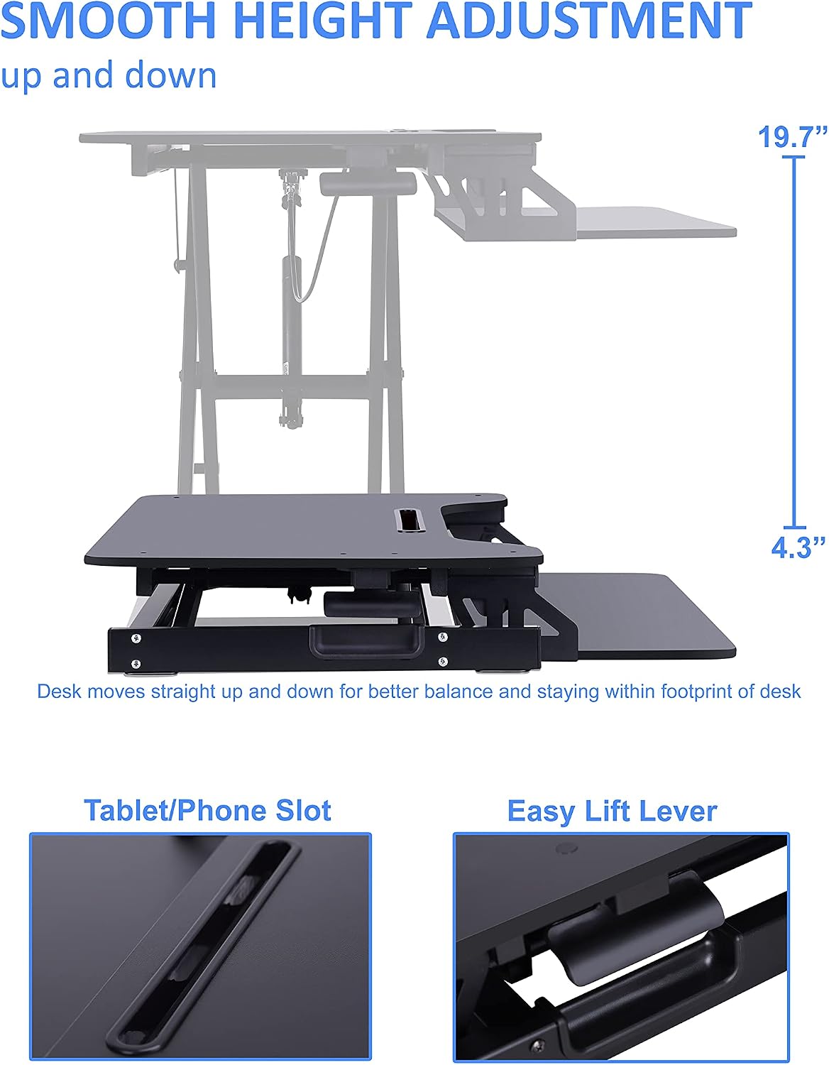 Rocelco Standing Desk Converter 31.5 Inch Sit Stand Up Dual Monitor Tabletop Riser with Tablet Mount, Height Adjustable Home Office Workstation - Deep Keyboard Tray for Laptop Mouse - Black (R VADRB)