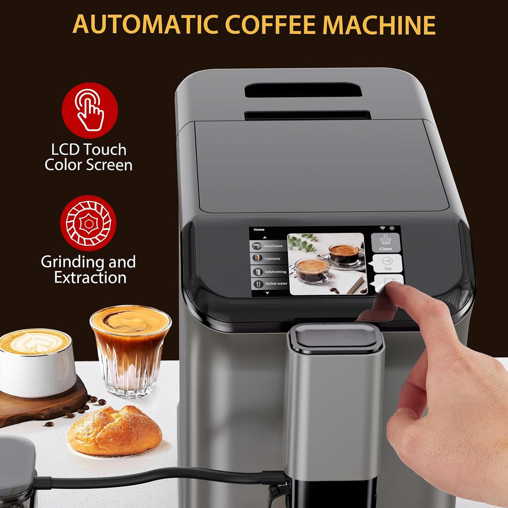 Espresso Maker with Milk Frother - Fully Automatic, 4-Beverage Options, Built-In Grinder, Intuitive Touch Display, and Sleek Finish Gold