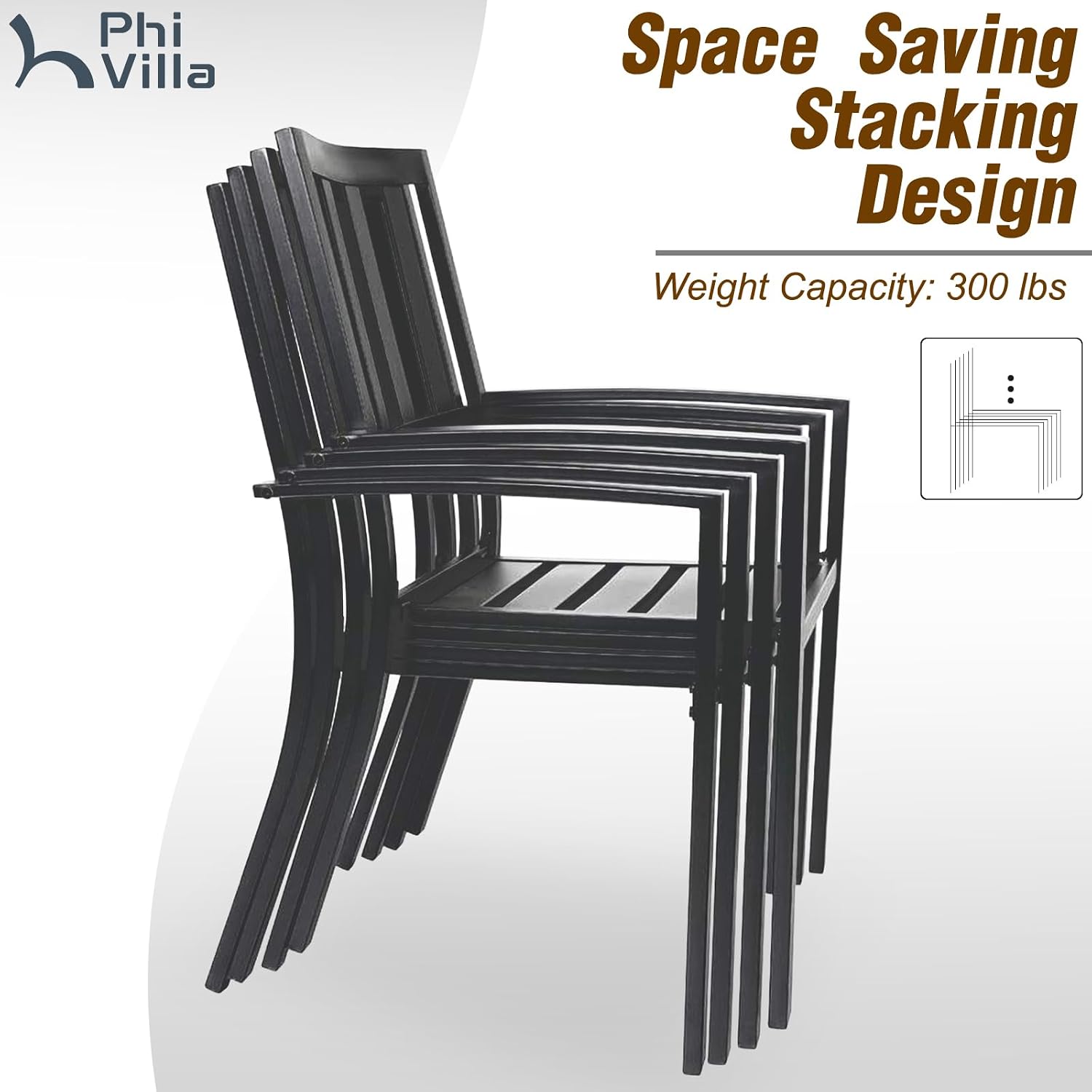 PHI VILLA 7 Pieces Outdoor Dining Set for 6, 65' Brown Wood-Like Metal Steel Dining Table & Stackable Black Iron Chairs, Large Outside Furniture Set for Patio, Deck, Yard, Porch