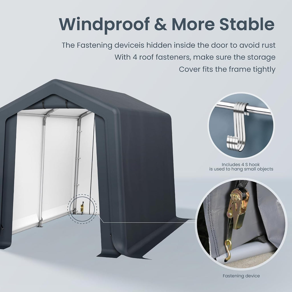 PHI VILLA 6x10ft Storage Shelter Shed, Portable Carports Outdoor Garage Canopy with Roll up Zipper Doors & Vents Waterproof UV Resistant Garages Tent for Cars,Boats,Tools, Motorcycle, Gray