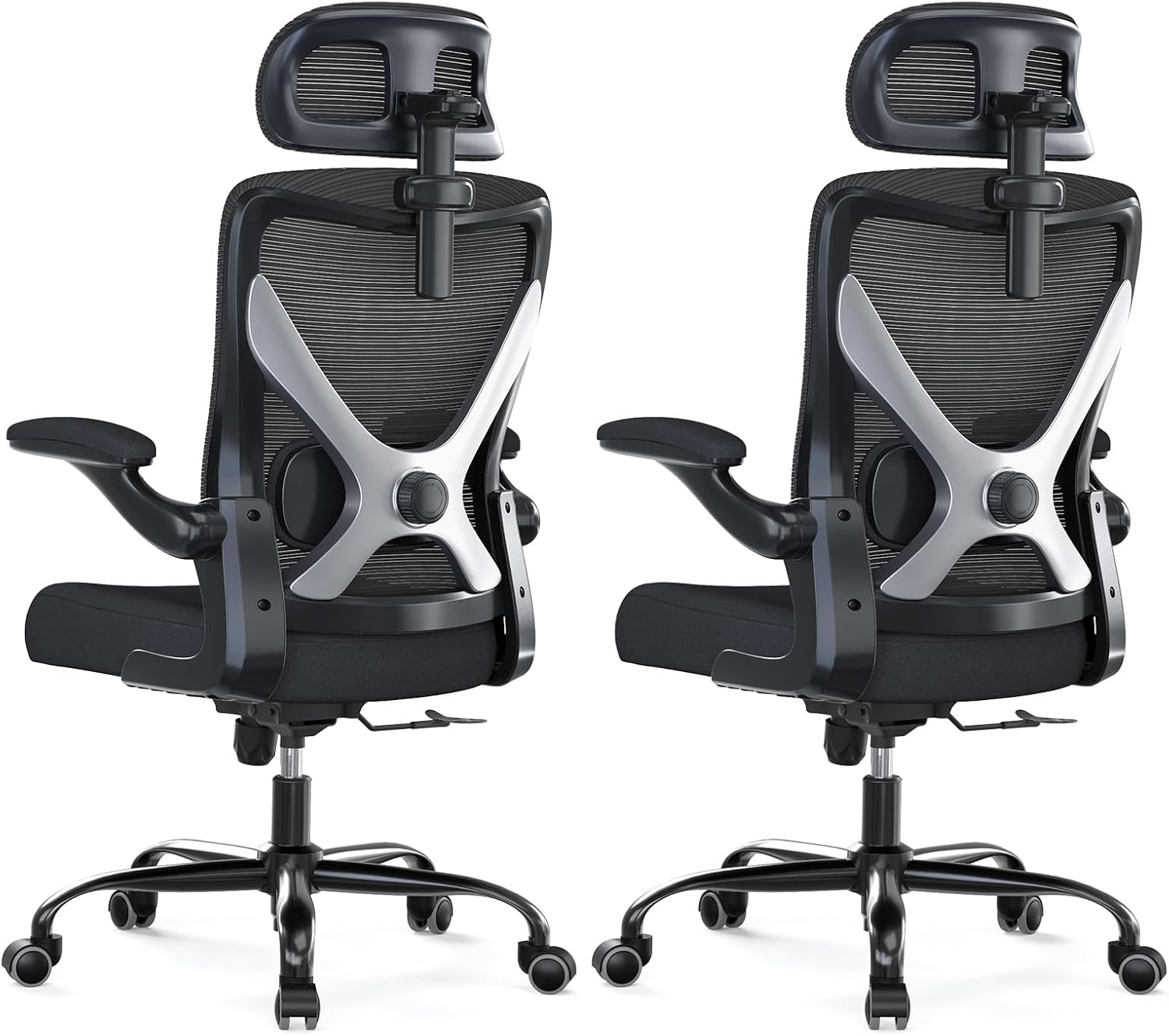 Ergonomic Office Chair - X-Shaped Computer Desk Chair Comfy, Gaming Chair, Office Chair with Lumbar Support, Mesh Office Chairs with Headrests, Desk Chair for Long Hours, Black Silver, Pack of 2