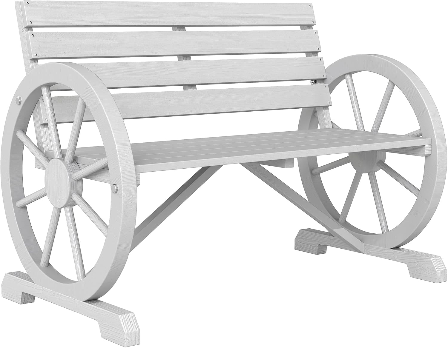Outsunny 41' Wooden Wagon Wheel Bench, Rustic Outdoor Patio Weather Resistance Furniture, 2-Person Slatted Seat Bench with Backrest, Light Gray