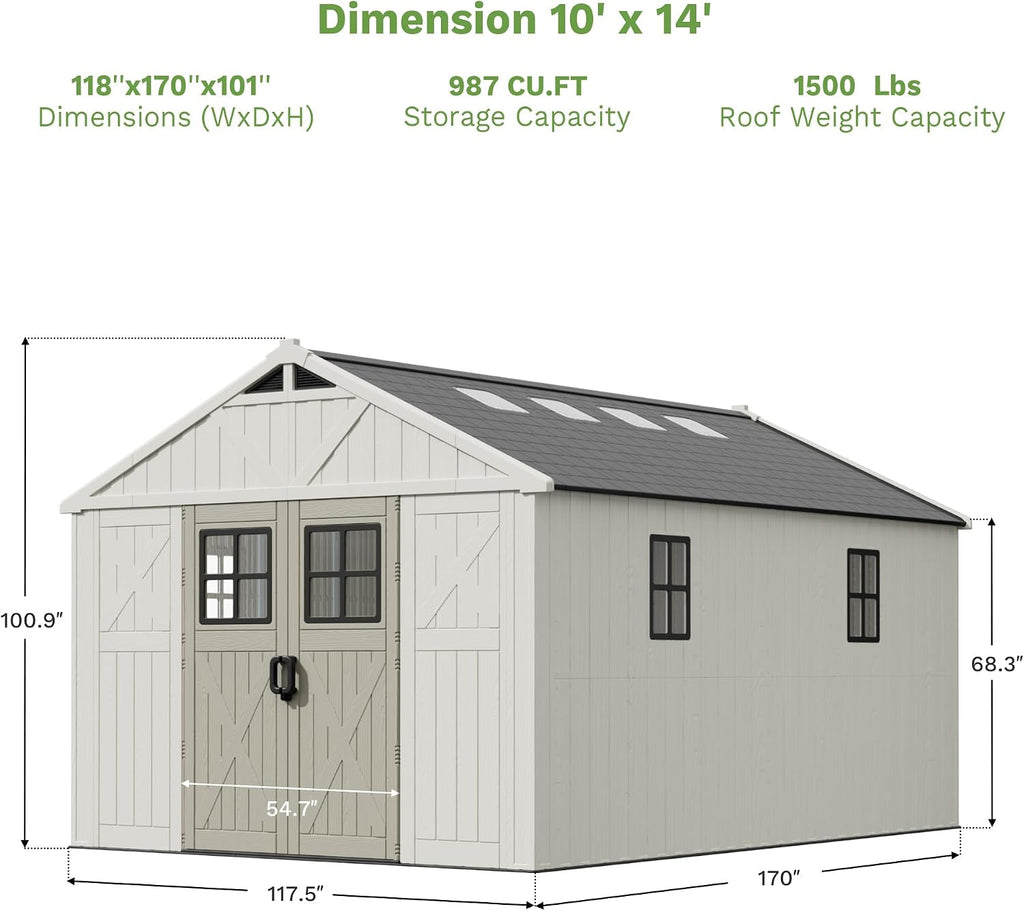 Patiowell 10 x 14 FT Outdoor Storage Shed, Plastic Shed with Floor and Skylight, Resin Storage Shed with Four-Window and Lockable Door for Garden, Patio, Backyard, Beige