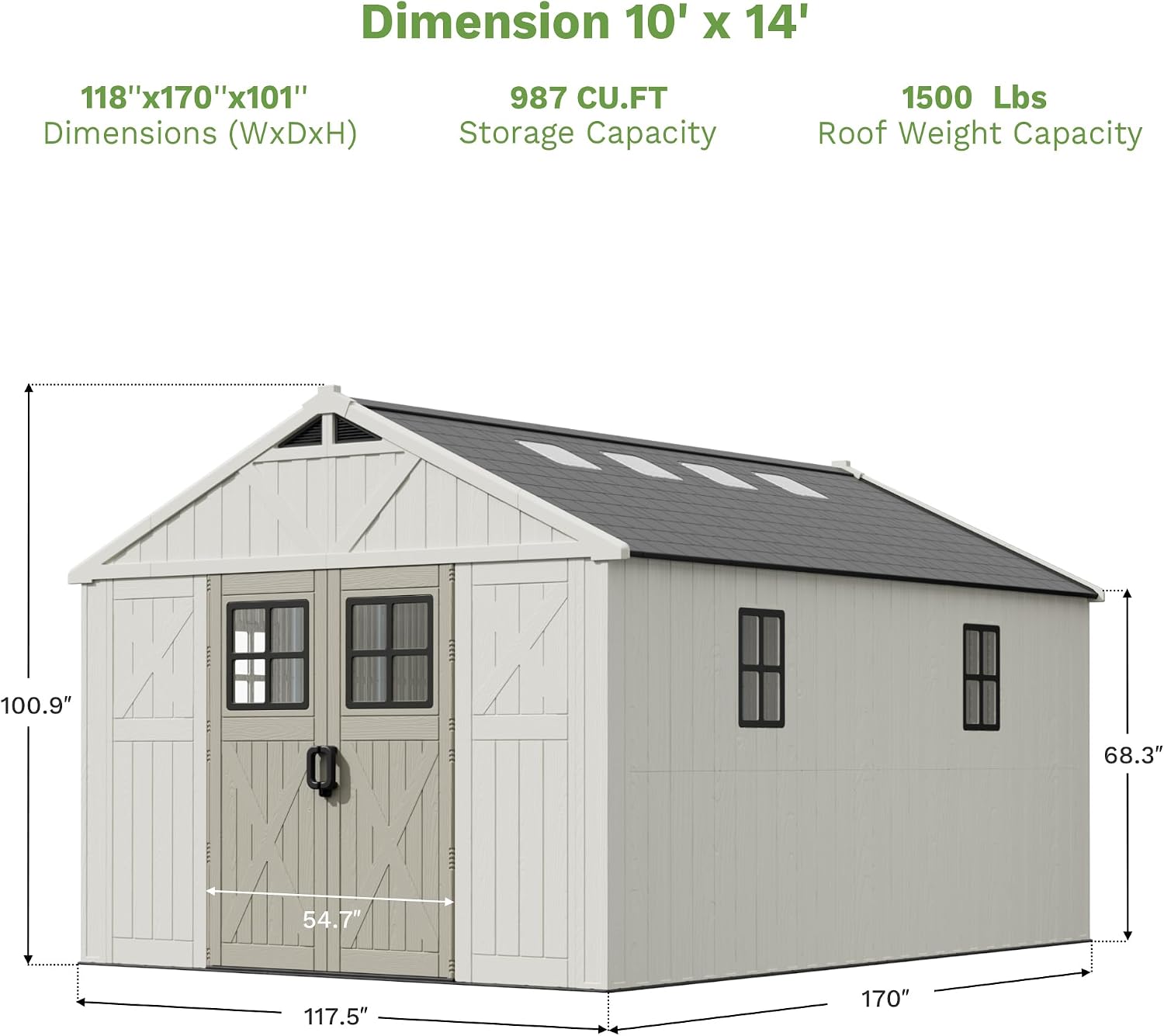 Patiowell 10 x 14 FT Outdoor Storage Shed, Plastic Shed with Floor and Skylight, Resin Storage Shed with Four-Window and Lockable Door for Garden, Patio, Backyard, Beige