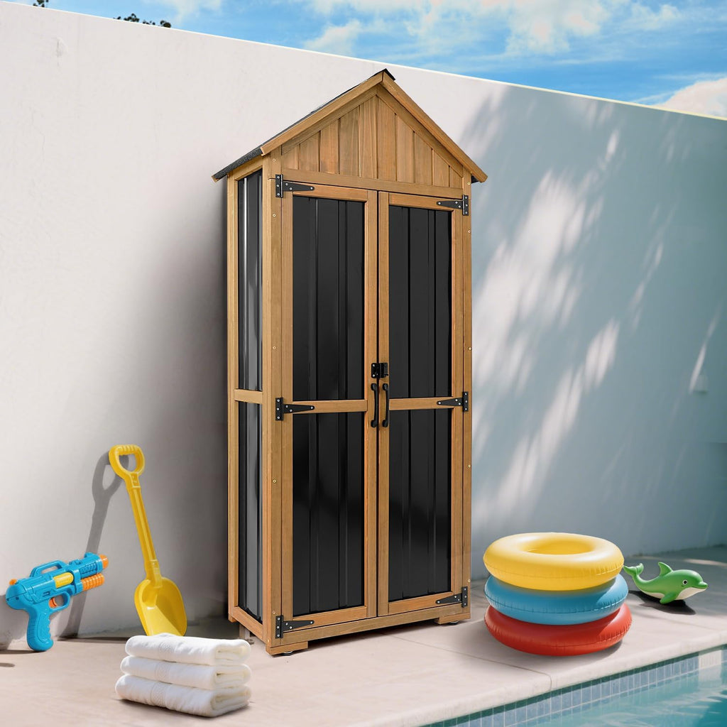 PetsCosset Outdoor Storage Cabinet Waterproof, Outdoor Storage Shed with Shelves, Wood & Metal Patio Backyard Garden Storage Cabinet Tool Organizer for Outside