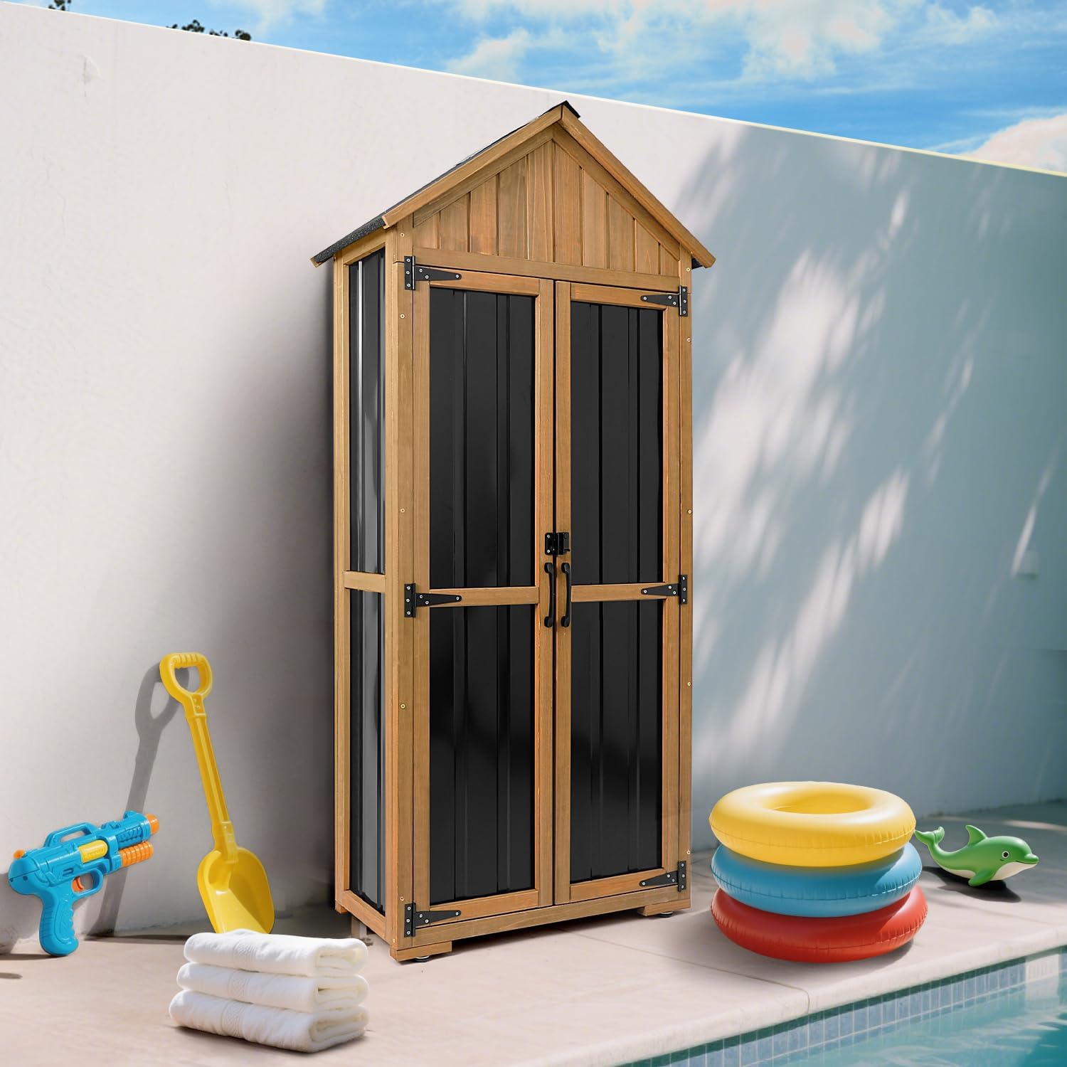 PetsCosset Outdoor Storage Cabinet Waterproof, Outdoor Storage Shed with Shelves, Wood & Metal Patio Backyard Garden Storage Cabinet Tool Organizer for Outside