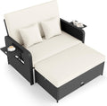 Tangkula Patio Rattan Daybed with 4-Level Adjustable Backrest, Outdoor PE Wicker Loveseat with Storage Ottoman & Folding Side Tray, Double Sunbed Lounger for Balcony, Backyard & Poolside (White)