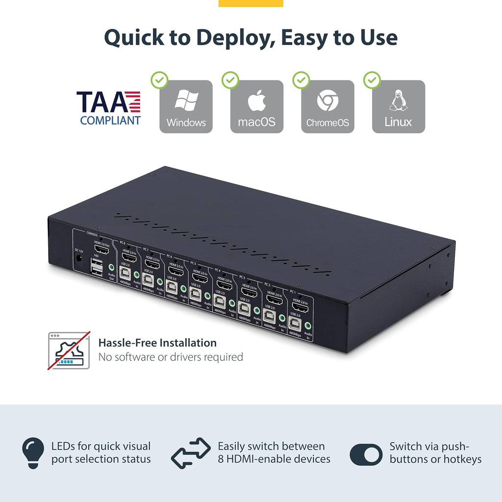 StarTech.com 8-Port HDMI KVM Switch w/1U Rack Mount Kit, 4K 60Hz HDMI 2.0, Push-Button/Hotkey Switching, TAA Compliant