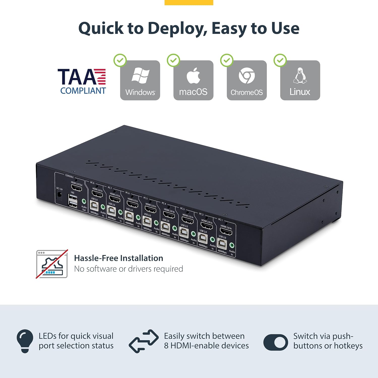 StarTech.com 8-Port HDMI KVM Switch w/1U Rack Mount Kit, 4K 60Hz HDMI 2.0, Push-Button/Hotkey Switching, TAA Compliant