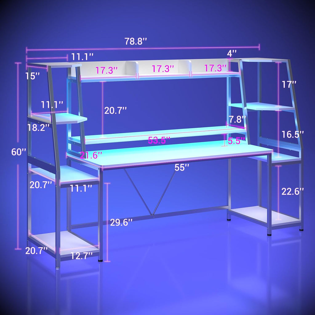 SEDETA White Gaming Desk 78.8'' with LED Lights, Hutch and Storage Shelves, Computer Desk with Monitor Stand, Large PC Gamer Desk Workstation, Ergonomic Gaming Table for Bedroom, Living Room