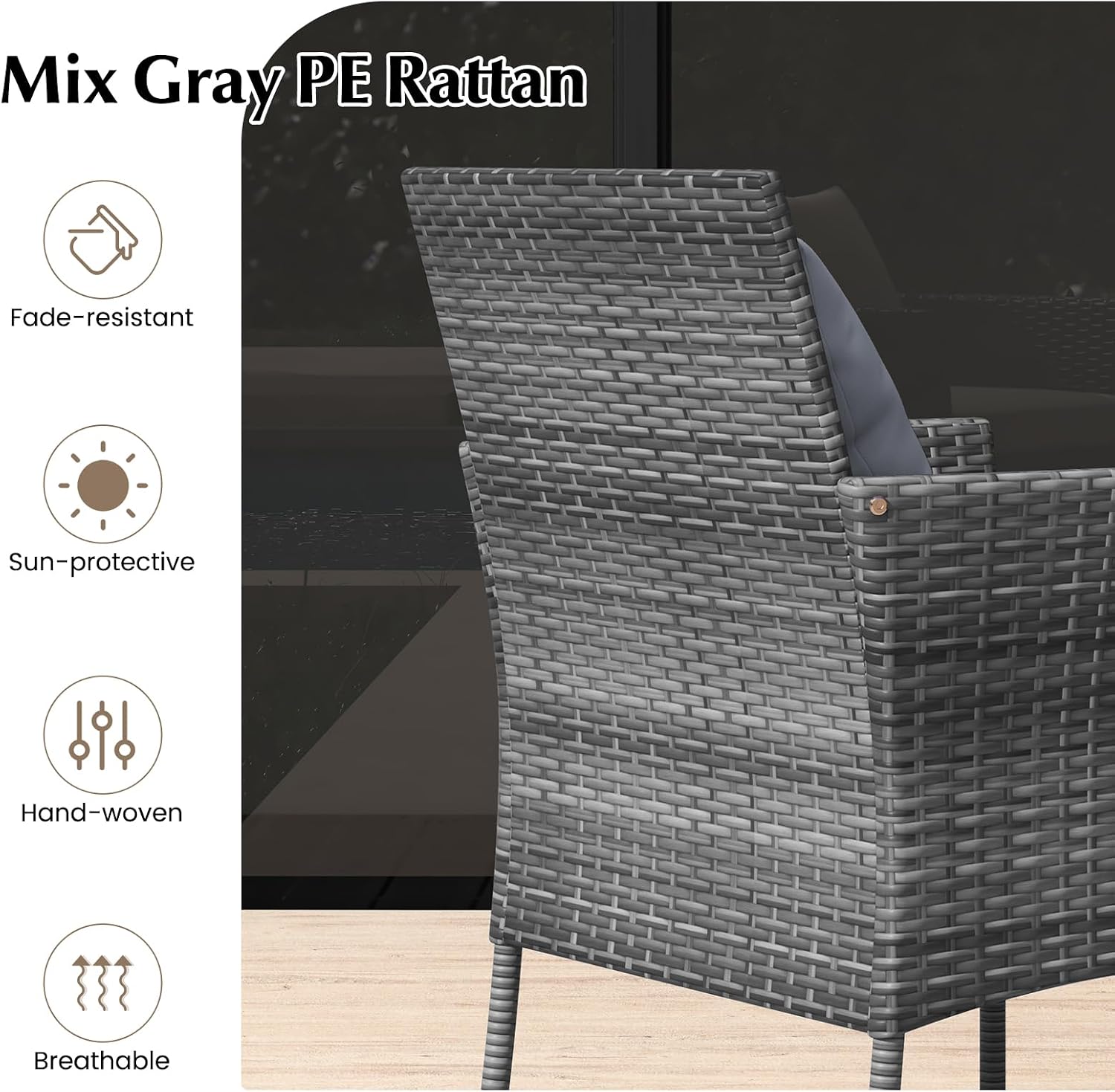 RELAX4LIFE 3-Piece Patio Furniture Set - Rattan Wicker Outdoor Furniture w/Cushions & Tempered Glass Coffee Table, Small Conversation Bistro Table and Chairs Set of 2 for Garden Porch Balcony (Grey)