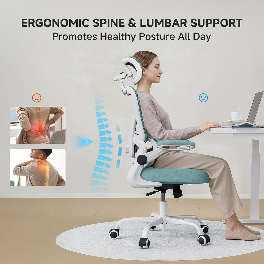Ergonomic Office Chair, 330LBS Desk Chair with 3-Level Lumbar Support & Headrest, Breathable Mesh Backrest, Flip-Up Armrests for Home Office and Gaming, Blue
