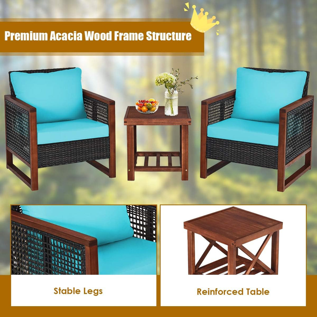 HAPPYGRILL 3 Pieces Outdoor Patio Furniture Set Wicker Chairs with Coffee Table, Balcony Porch Furniture Bistro Set with Acacia Wood Frame and Washable Cushions for Garden Poolside Backyard