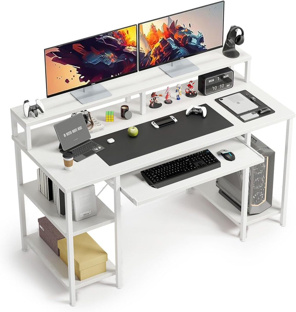 VERMESS 48 Inch Computer Desk, Home Office White With Keyboard Tray, Gaming With Full Monitor Stand, Storage Shelves & CPU Stand, Modern Study Writing Table Studio Work With Shelf