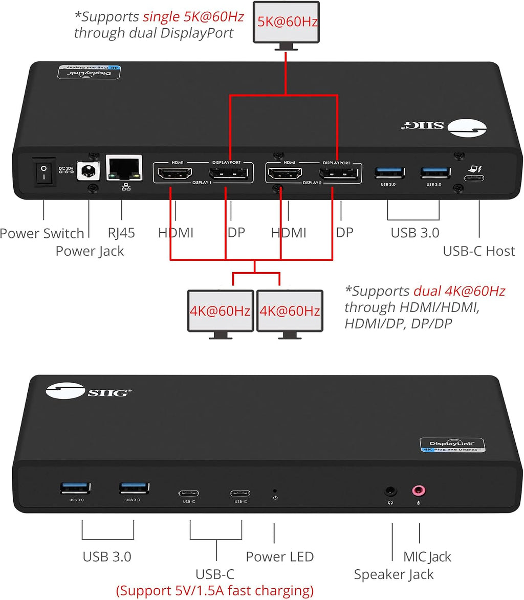 SIIG USB Type C Dual 4K Docking Station with 60W PD - Dual 4K@60Hz or Single 5K@60Hz Monitor Laptop Dock - DisplayLink - 2 HDMI 2 DisplayPort, 4 USB 3.0 Ports, 2 Type C Ports, Gigabit Ethernet Port