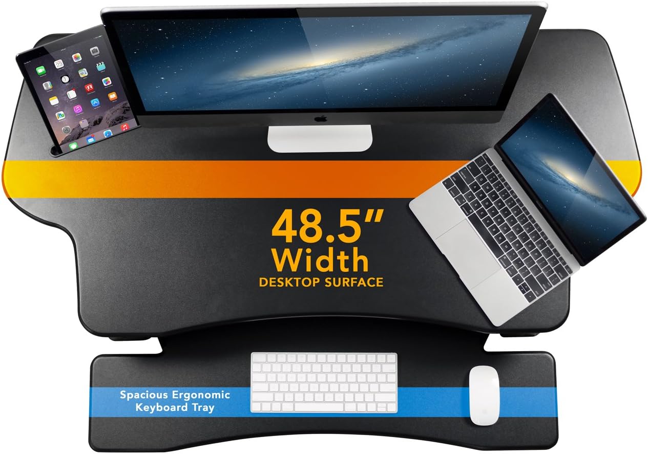 Mount-It! 48.5' Electric Standing Desk Converter for Dual Monitors, Motorized Sit Stand Electric Desk Riser with USB Port & Device Slot, Keyboard Tray, Adjustable Height Ergonomic Workstation, Black