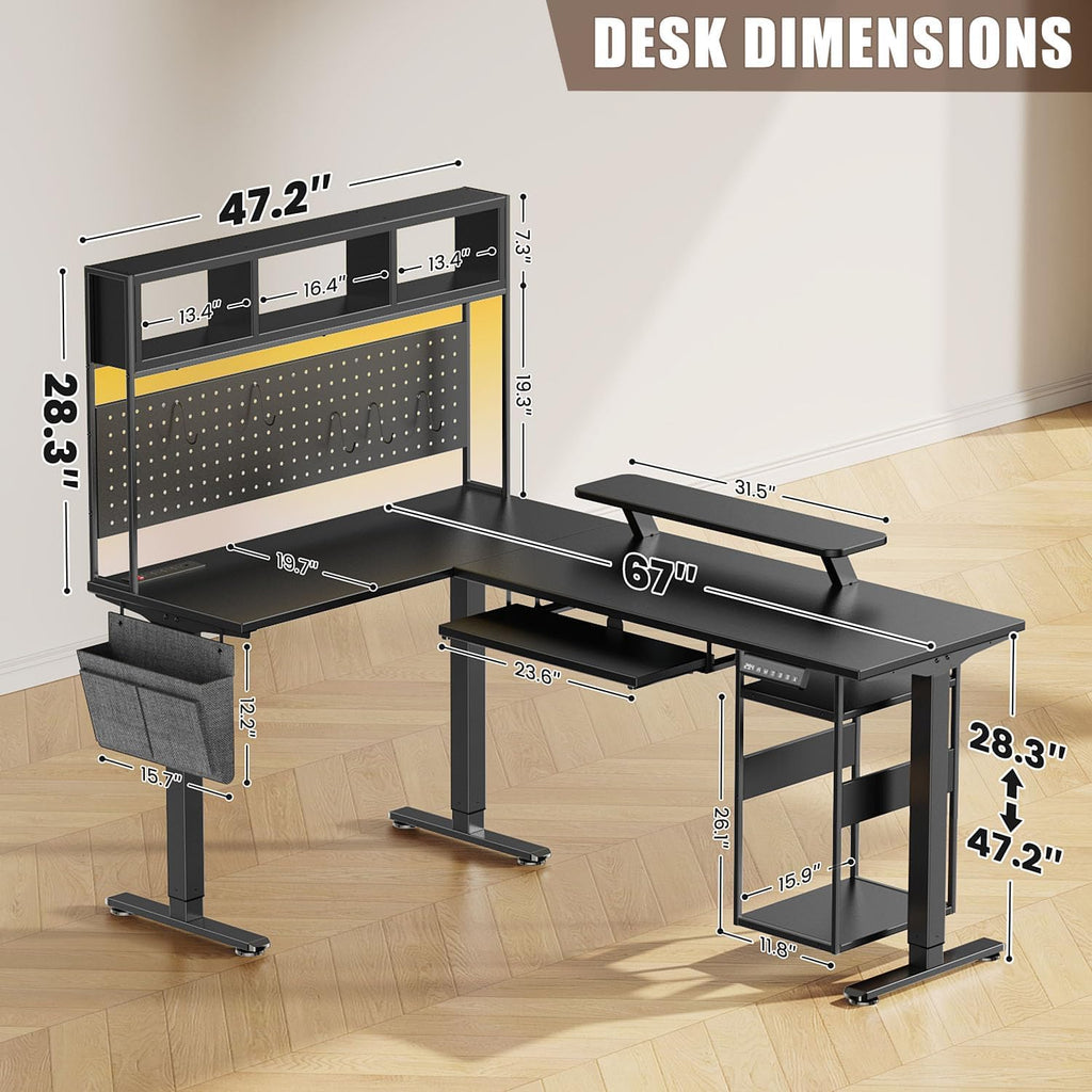 Flycity Electric L Shaped Standing Desk Adjustable Height, 67' x 47' Corner Computer Desk with Host Shelf, Gaming Desk with LED Lights & Power Outlet, Dual Motor Home Office Desk with Storage, Black