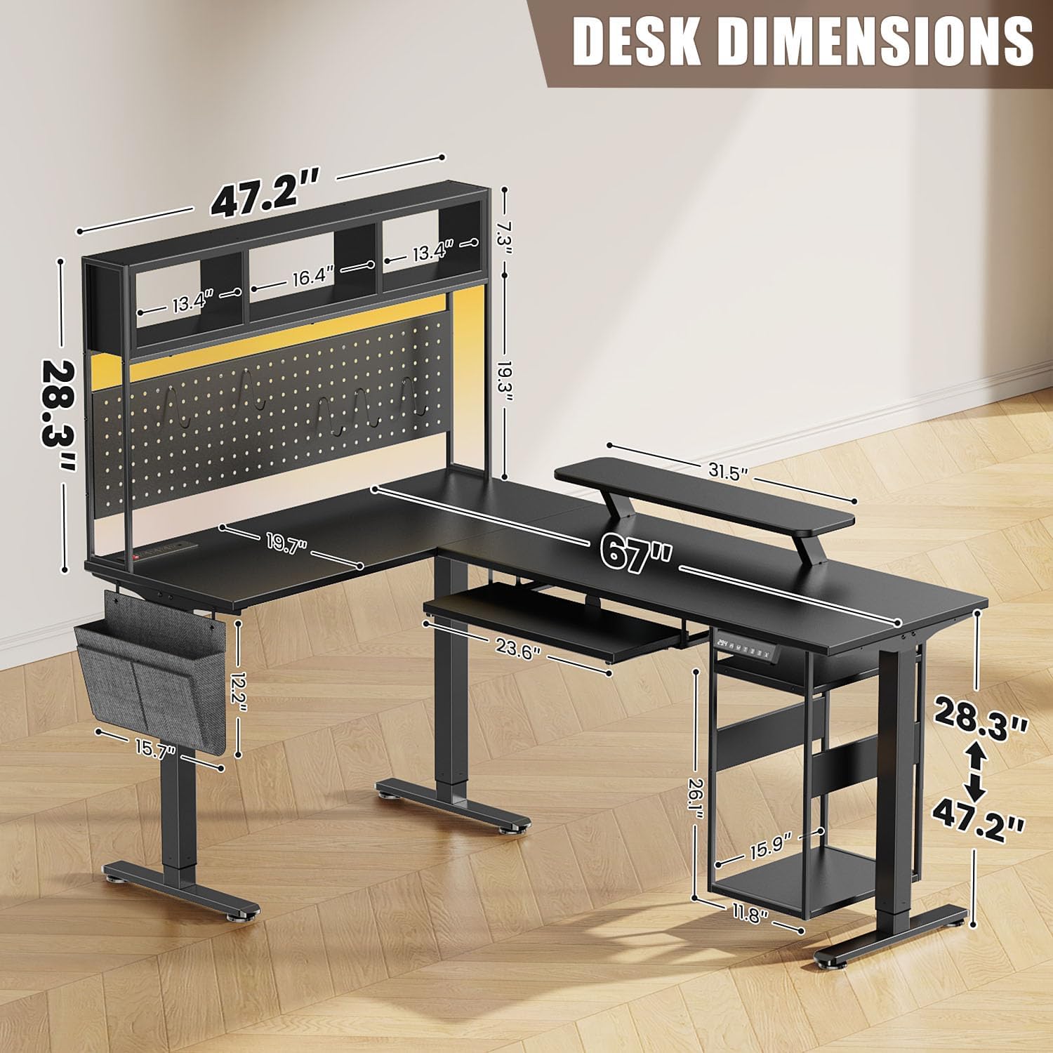 Flycity Electric L Shaped Standing Desk Adjustable Height, 67' x 47' Corner Computer Desk with Host Shelf, Gaming Desk with LED Lights & Power Outlet, Dual Motor Home Office Desk with Storage, Black