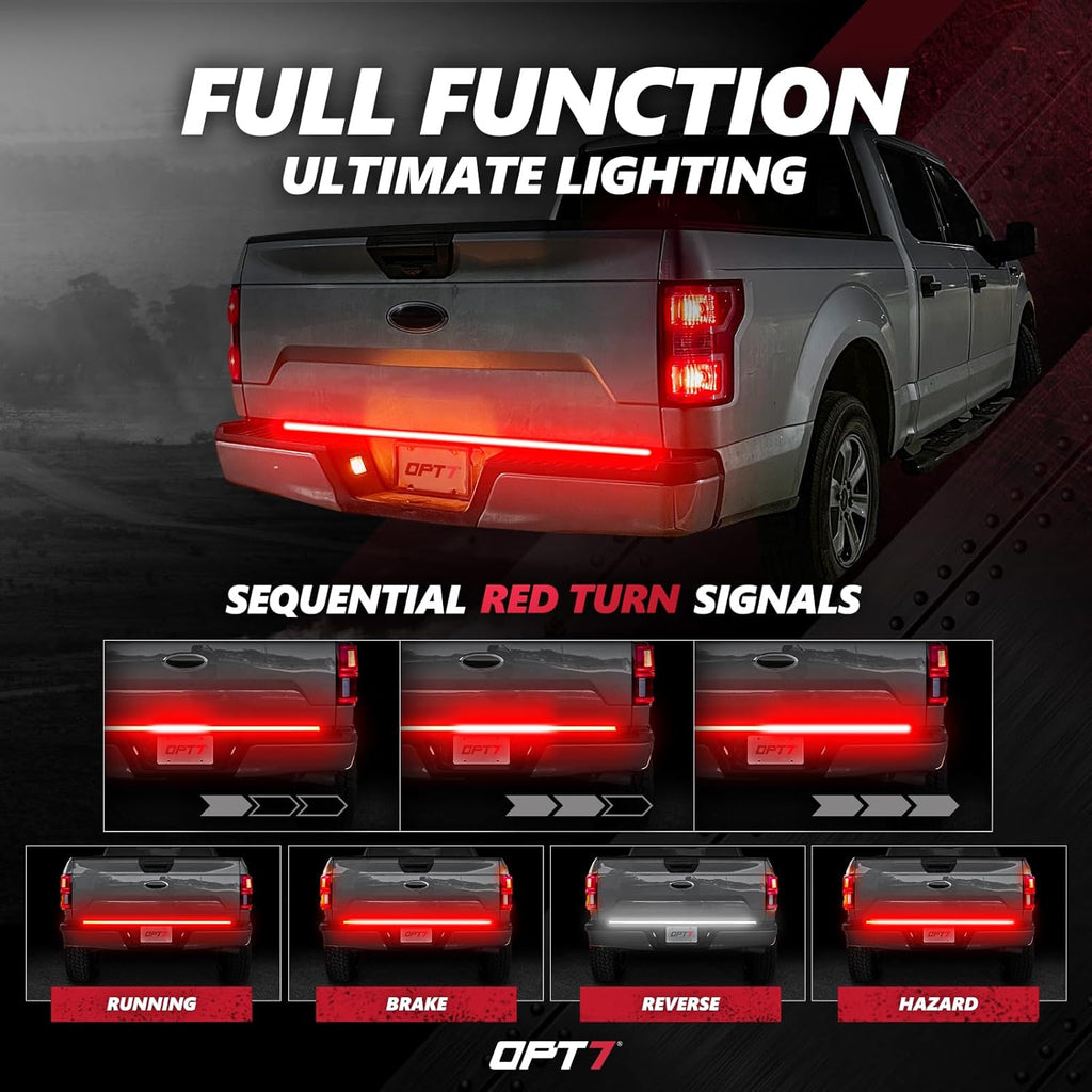 OPT7 Redline 60' Aluminum Truck Tailgate Light Bar w/Sequential Red Turn - Weatherproof Rigid 1-Piece Triple Row LED Strip - Dynamic Taillight w/White Reverse - Fits F150, Silverado, Sierra, Ram