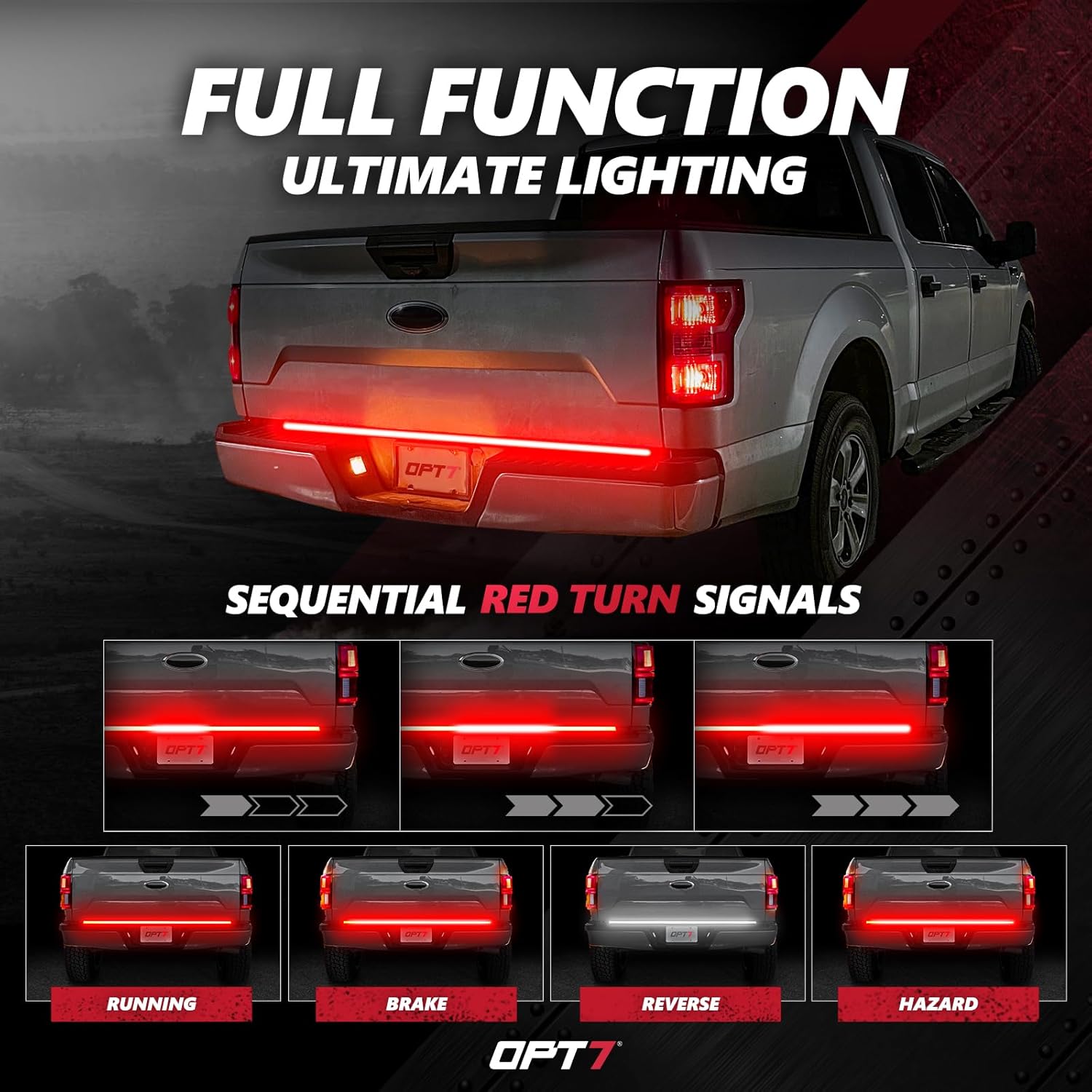 OPT7 Redline 60' Aluminum Truck Tailgate Light Bar w/Sequential Red Turn - Weatherproof Rigid 1-Piece Triple Row LED Strip - Dynamic Taillight w/White Reverse - Fits F150, Silverado, Sierra, Ram