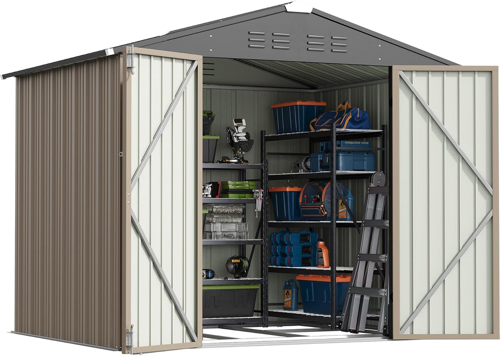 Patiowell 8x6 FT Outdoor Storage Shed with Floor Frame, Metal Garden Patio Sheds with Sloping Roof and Lockable Door, Waterproof Steel Tool Shed for Backyard Garden Lawn, Brown