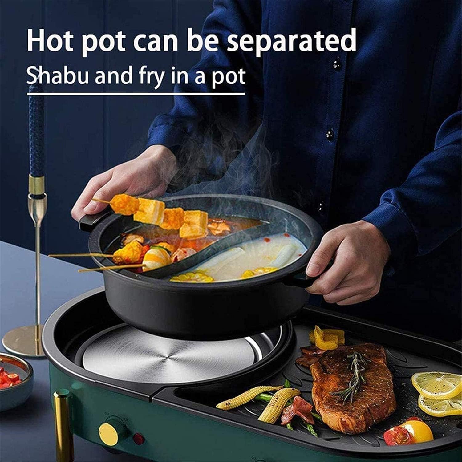 Electric Hot Pot Grill Electric Barbecue Grill,2 in 1 Non-Stick BBQ And Shabu Pot with Independent Temperature Control,Ideal for 2-8 People