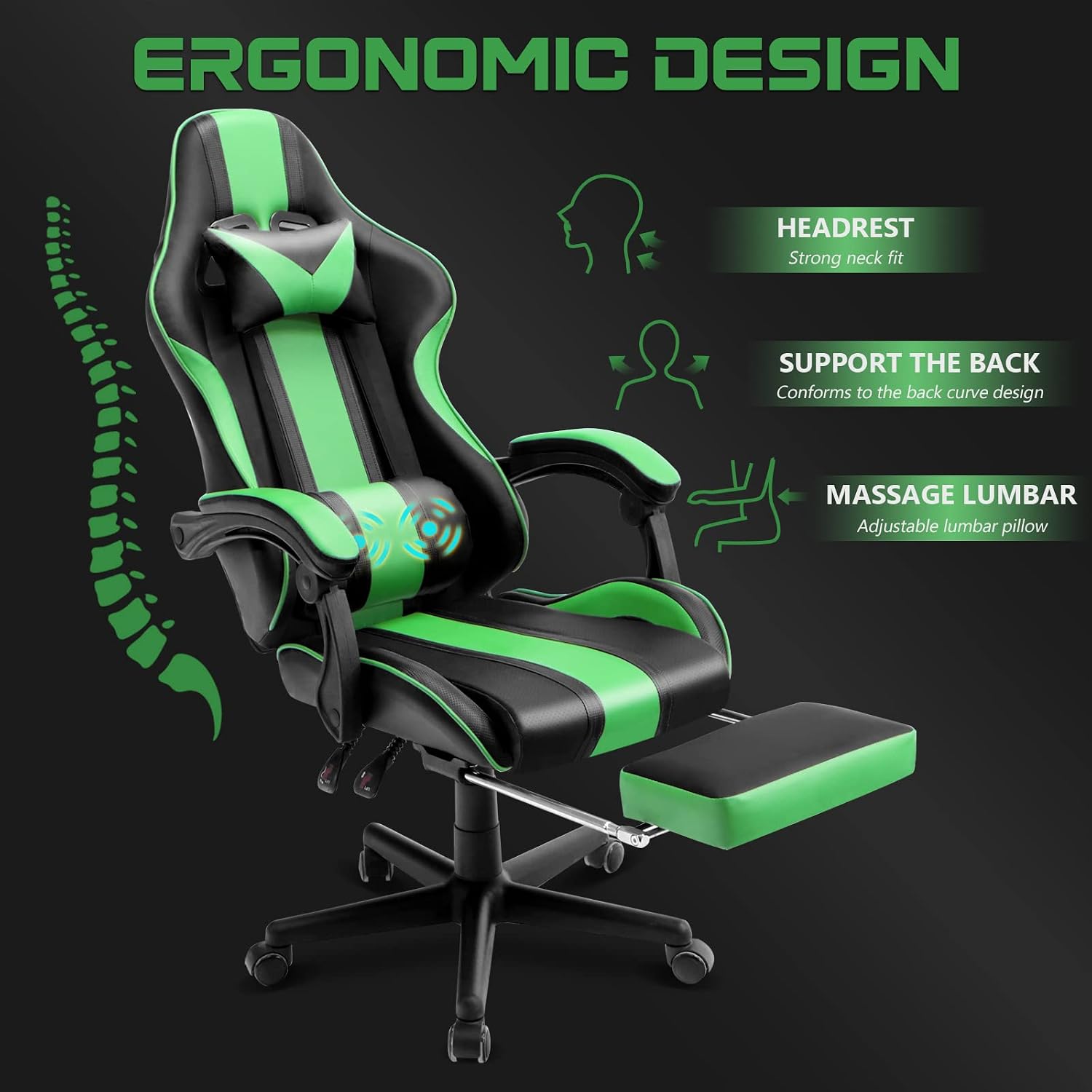 Ferghana Gaming Chairs, Ergonomic Racing Style PC Game Computer Chair with Headrest Lumbar Support Adjustable Recliner PU Leather Video Computer Chair(Grass Green)