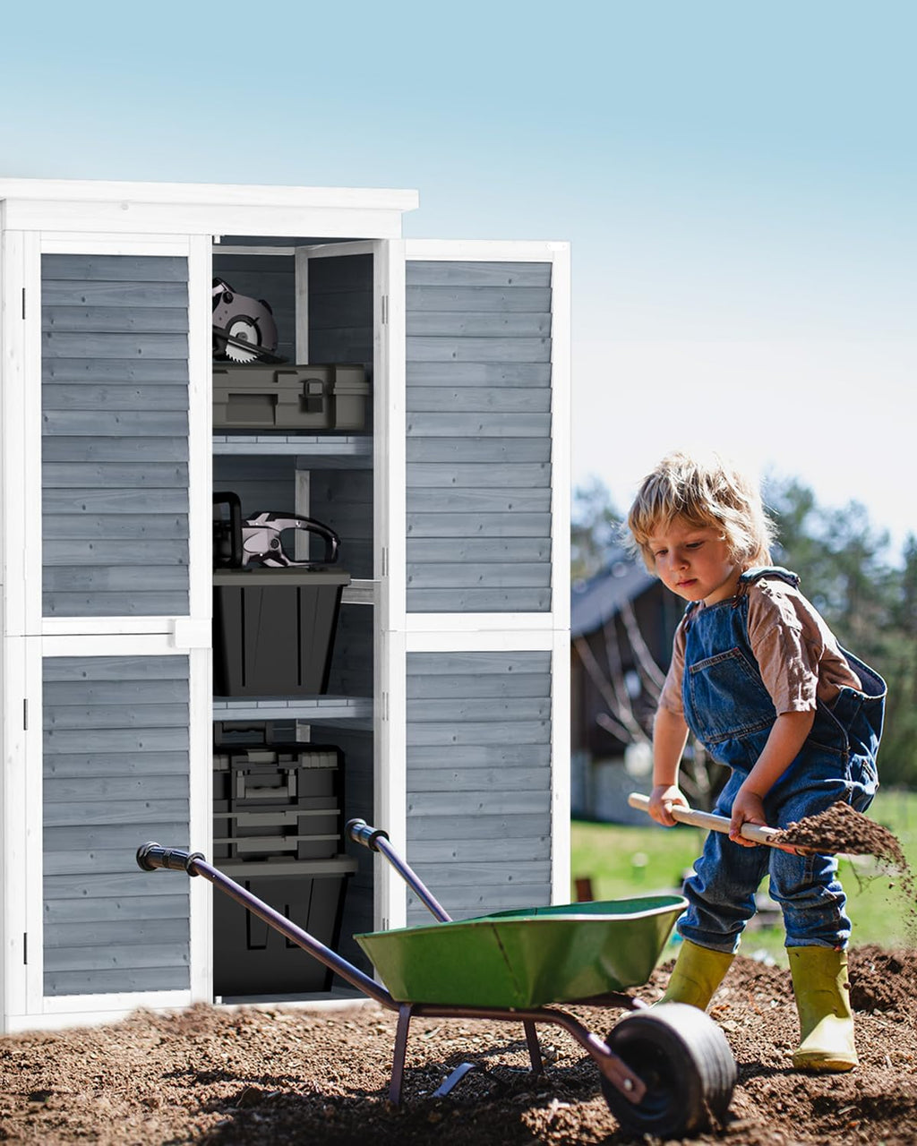 Bealife 63.2' Outdoor Storage Cabinet with Double Doors, Lockable Vertical Storage Shed with 3 Shelves Organizer, Waterproof Fir Wood Tool Closet Shed for Garden, Backyard, Patio, and Lawn -Grey