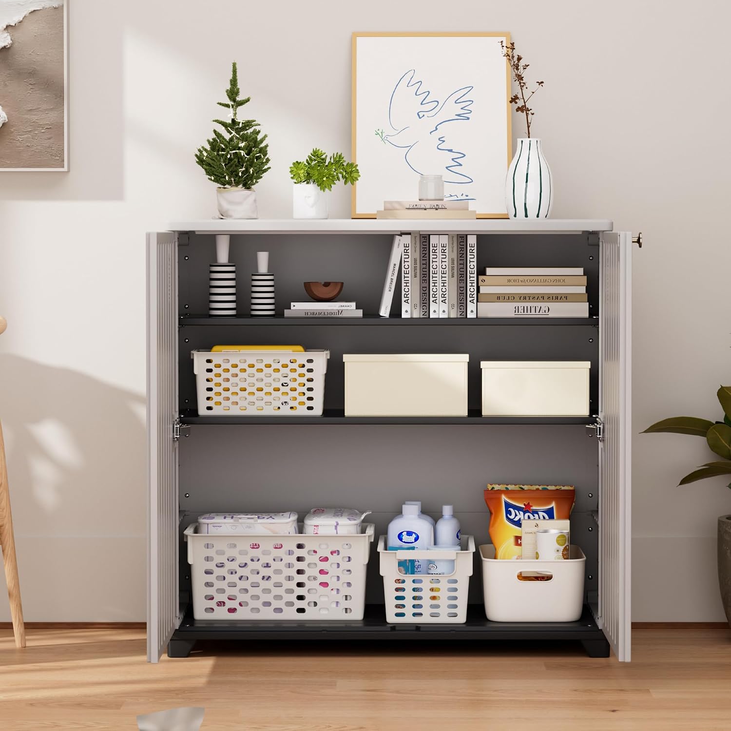 ADDOK Indoor Outdoor Plastic Storage Cabinet 34'x15'x34' with 1 Shelf, Outdoor Storage Shed for Living Room, Hallway, Balcony, Garage, Garden, Backyard-White