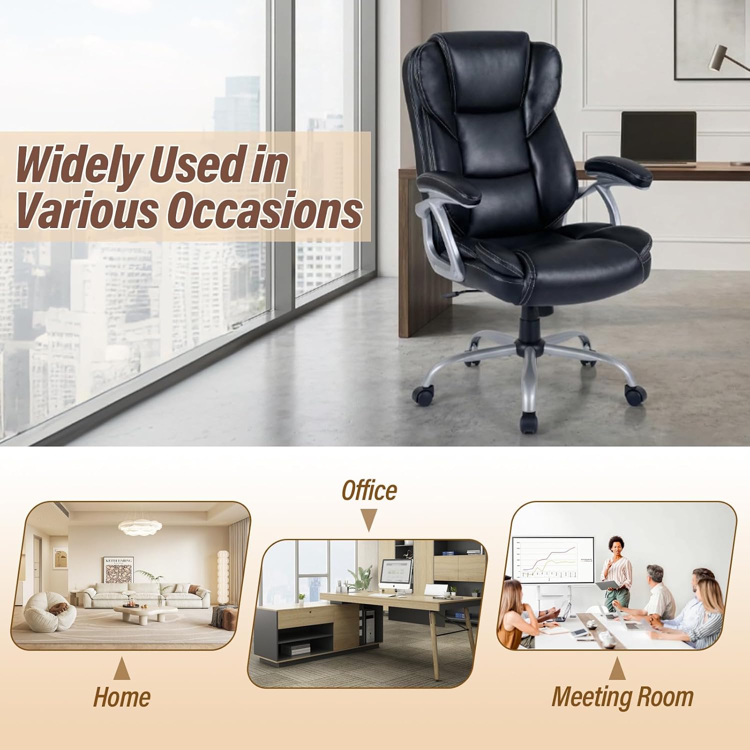 Giantex Executive Office Chair, Leather Ergonomic Computer Desk Chair w/Rocking Function, Padded Seat & Arms, Height Adjustable Gaming Chairs, High Back Rolling Swivel Chair for Home Office (Black)