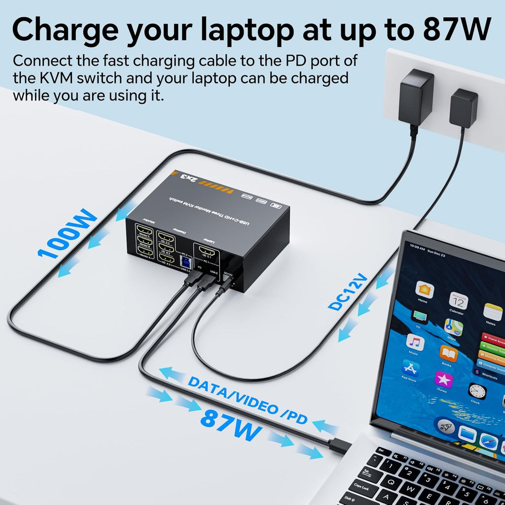 KVM Switch 3 Monitors 1 Laptop & 1 Desktop, Reyoten 4K HDMI USB Switch,3 Monitors for Laptop with 3 USB 3.0 Ports, 4K Hub for 2 PCs to Share Monitor, Keyboard, Mouse & Printer
