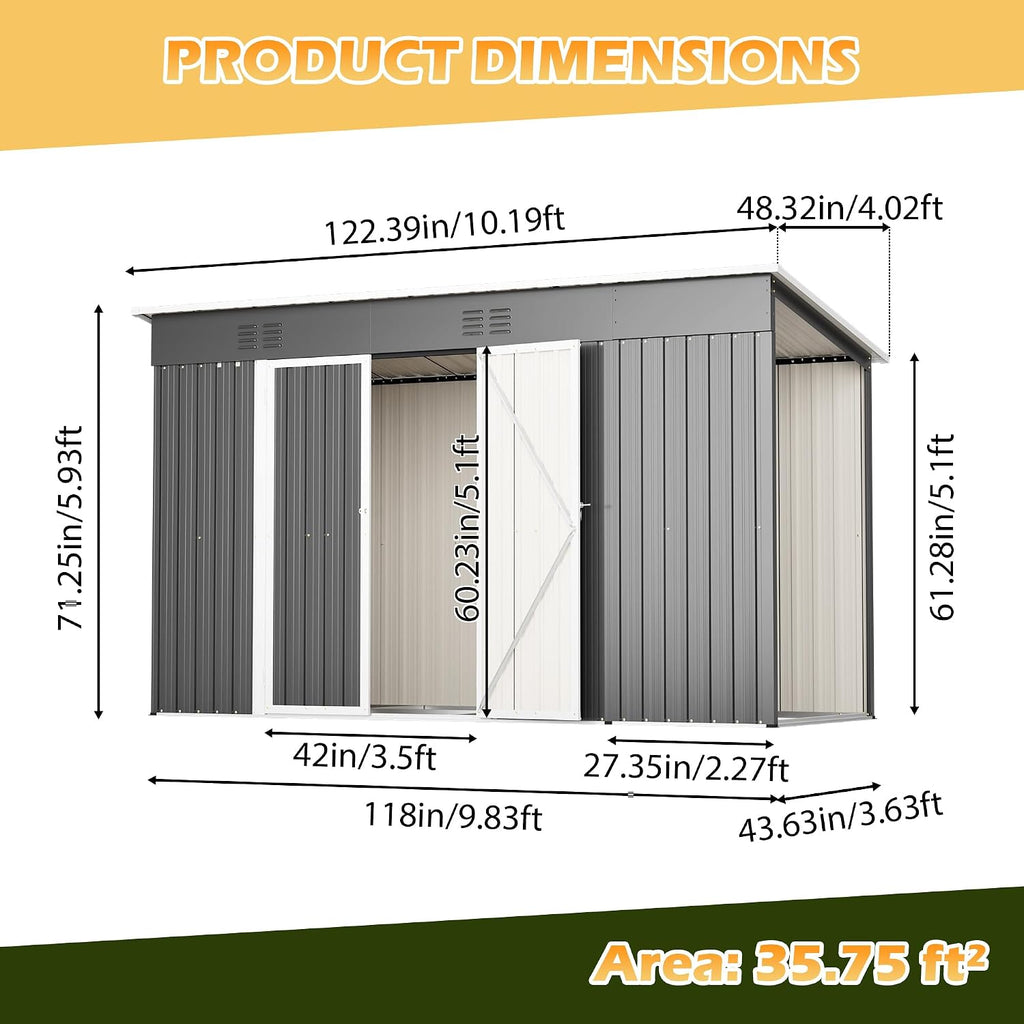 YOPTO 4x10 FT Outdoor Storage Shed with Floor,Metal Shed W/Log Store,Garden Tool Storage House W/Lockable Door & Sloped Roof,for Backyard,Patio,Lawn,Gray