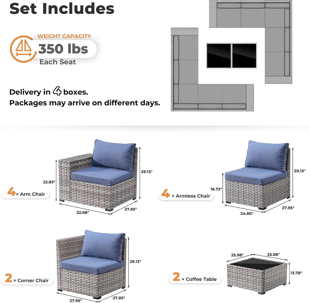 ovios 12 Pieces Patio Furniture Set, Outdoor Wicker Sectional Sofa with Coffee Table Comfy Cushions, Modern Modular Deep Seat Couch Rattan Conversation Set, Denim Blue