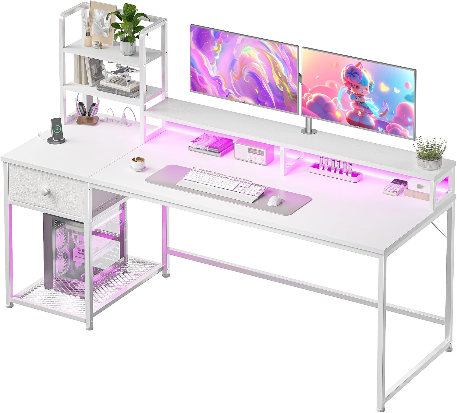 55 Inch White Computer Desk with Drawers and Hutch,Reversible Home Office Desk with Monitor Shelf,Gaming Desks with USB Power Outlets&Storage,Writing Study Table for Bedroom with LED Lights,White