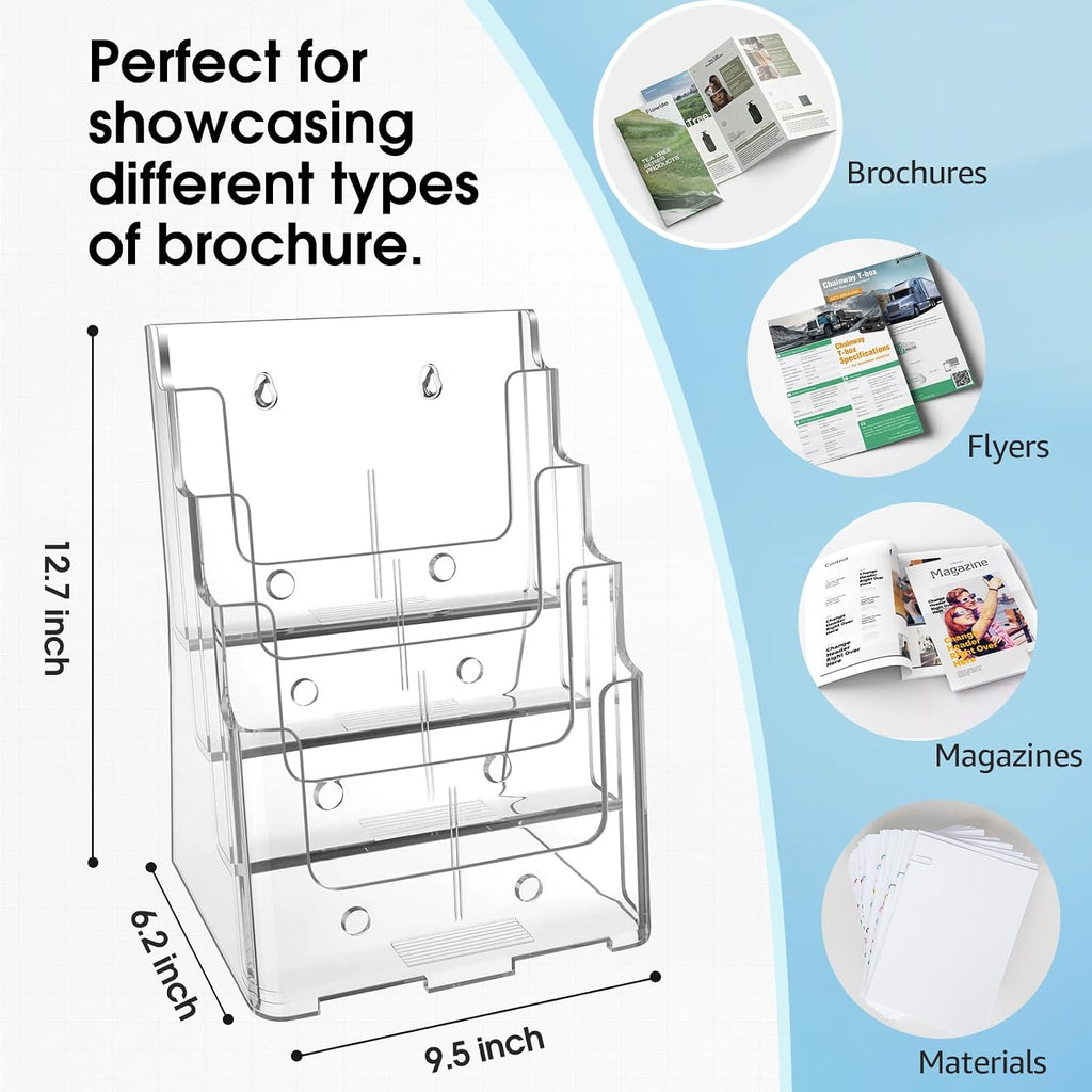 MaxGear Acrylic Brochure Holder 8.5 x 11 inch, 4 Tier Clear Literature Organizer Magazine Stand Display with Removable Divider for 4 x 9 inch Brochures, Pamphlet, Wall Mount or Countertop, 4 Pack
