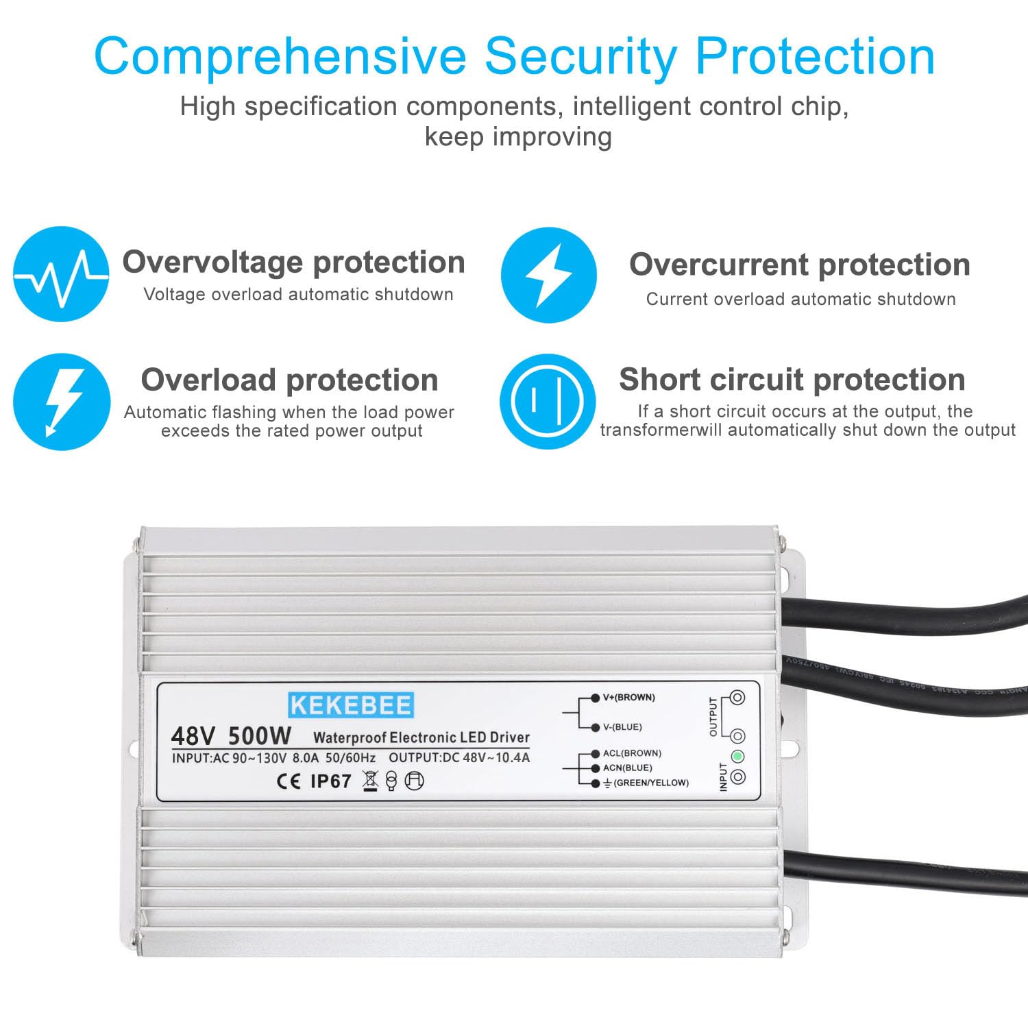 LED Driver 48V 500W Waterproof Power Supply AC90-130V to DC48V10.4A Low Voltage Transformer IP67 Switching Power Supply Suitable for Indoor and Outdoor LED Lighting and Any 48V DC Equipment
