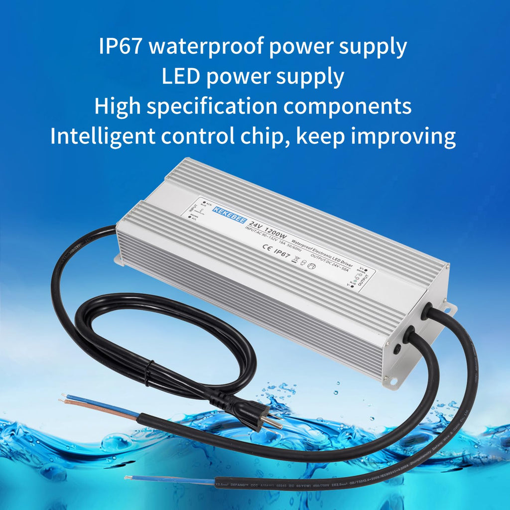 LED Driver 24V1200W Waterproof Power Supply AC90-132V to DC24V50A High Power Switching Power Supply IP67 Transformer Suitable for Indoor and Outdoor LED Lighting and Any 24V DC Equipment
