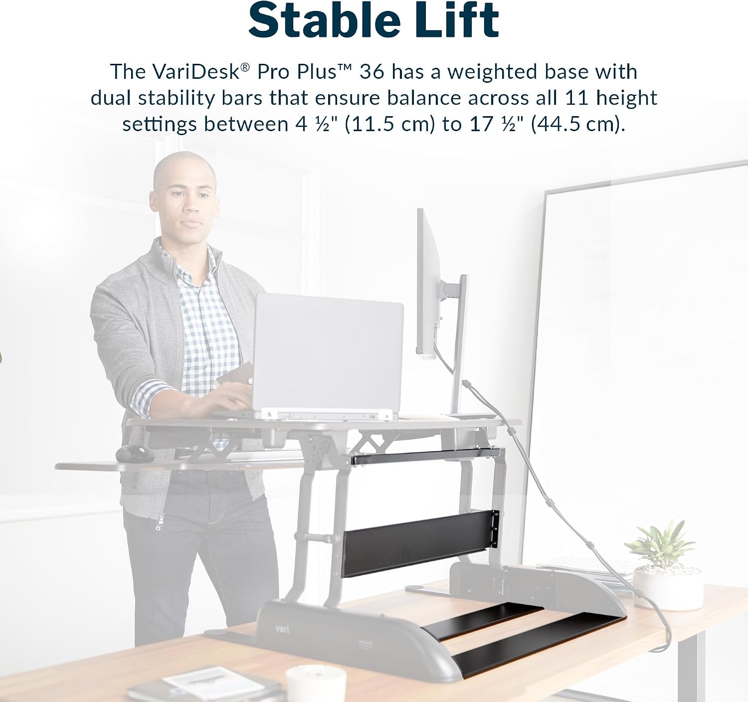 Vari VariDesk Pro Plus 36 Standing Desk Converter – 11 Height Settings + Spring Lift, 2 Tier Design, Keyboard Tray, Fits Desktops 36' Wide x 26.5' Deep – Delivers Fully Assembled (Light Wood)