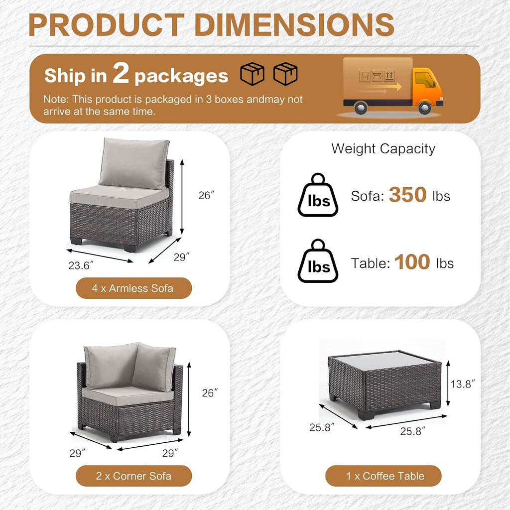 MOCHITO 7 Pieces Outdoor Patio Furniture Sets, All-Weather Sectional Sofa Dark Brown PE Rattan Wicker Conversation Set with Glass Table and Washable Grey Cushions for Backyard