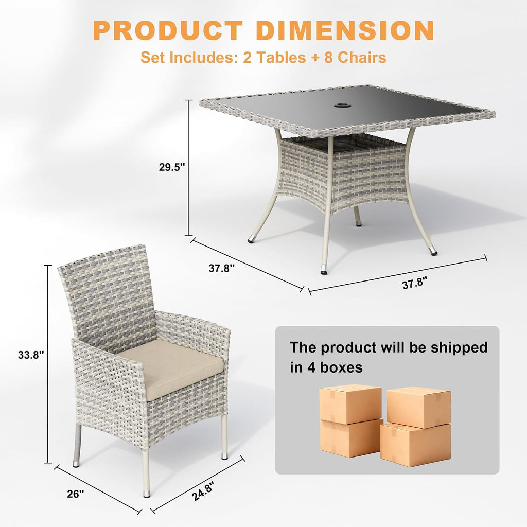 10-Piece Patio Dining Set, Patio Furniture Set with Square Tempered Glass Table & 8 Wicker Chairs, Expandable Design for Larger Groups, Outdoor Furniture for Backyard, Deck, Garden, Beige