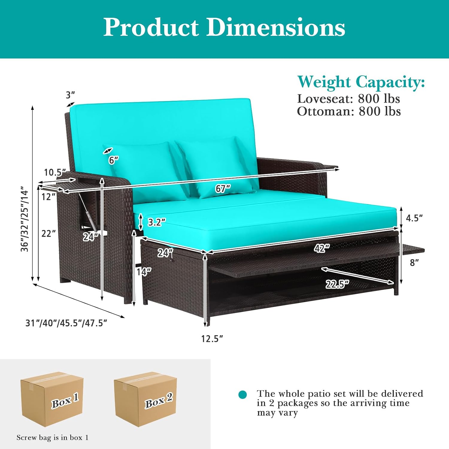 Tangkula Patio Rattan Daybed with 4-Level Adjustable Backrest, Outdoor PE Wicker Loveseat with Storage Ottoman & Folding Side Tray, Double Sunbed Lounger for Balcony, Backyard & Poolside, Turquoise