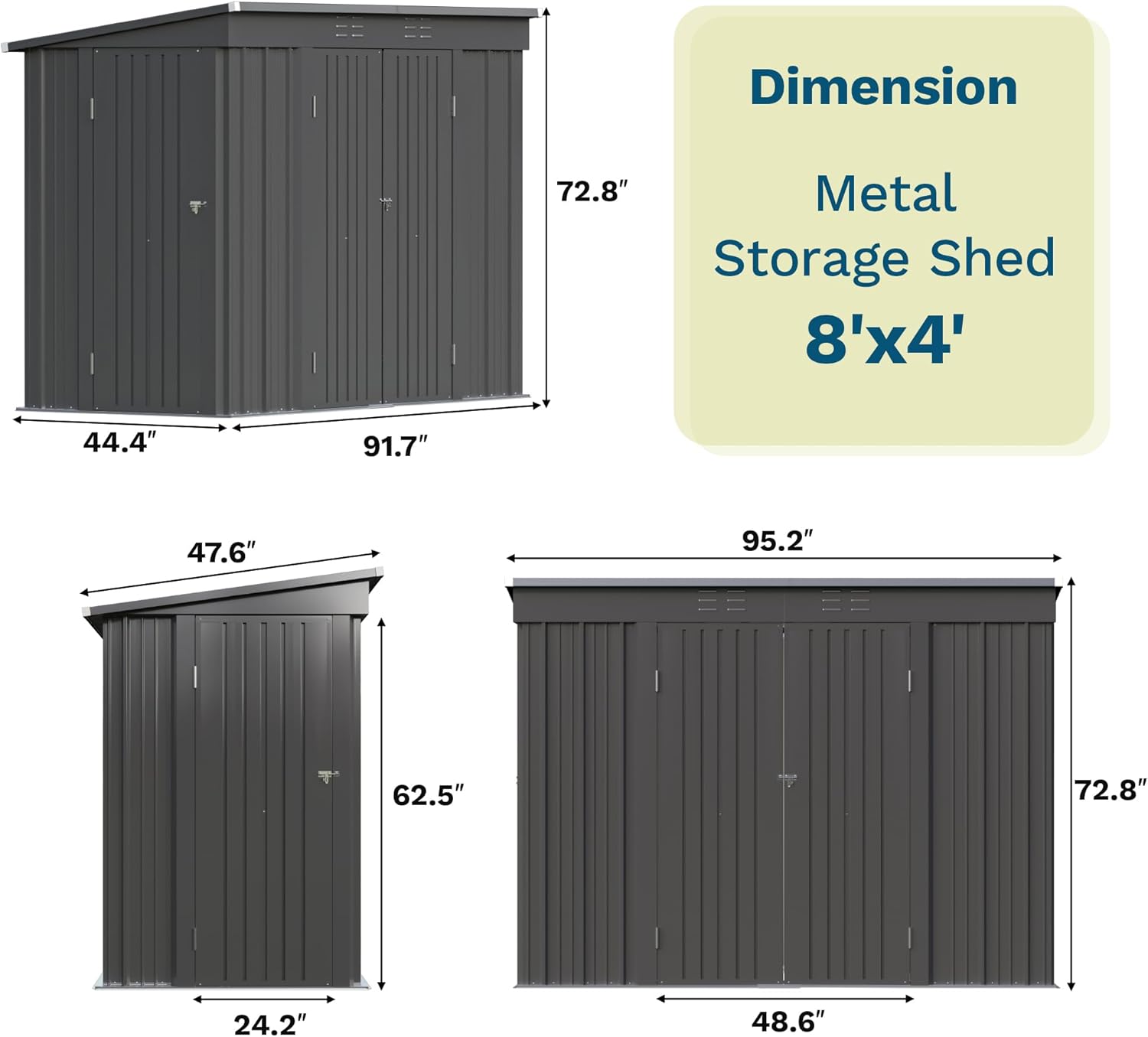 Patiowell 8x4 FT Outdoor Storage Shed, Metal Tool Sheds with 3 Doors, Black