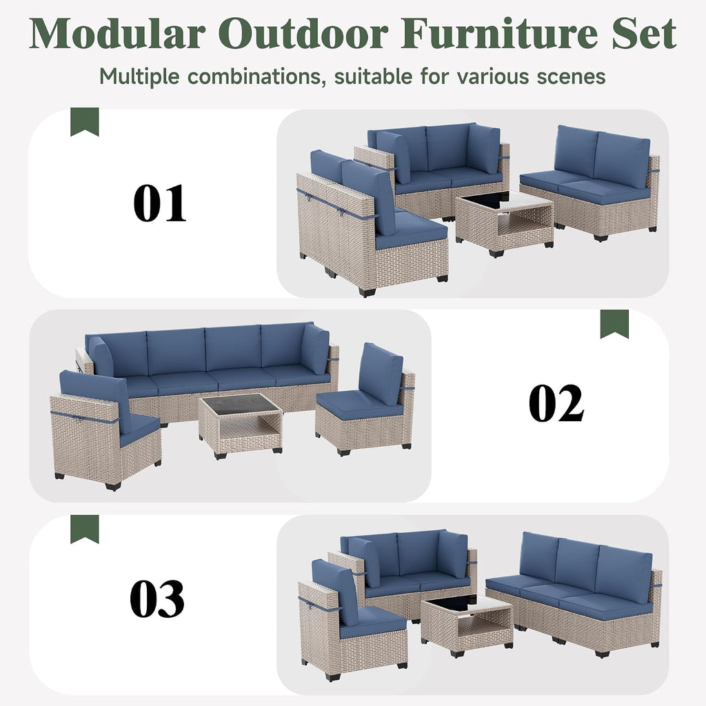 7 Pieces Patio Furniture Set, Outdoor Sectional Wicker Sofa with Thick Cushions and Storage Coffee Table, Rattan Patio Conversation Sets for Deck Yard Poolside, Navy
