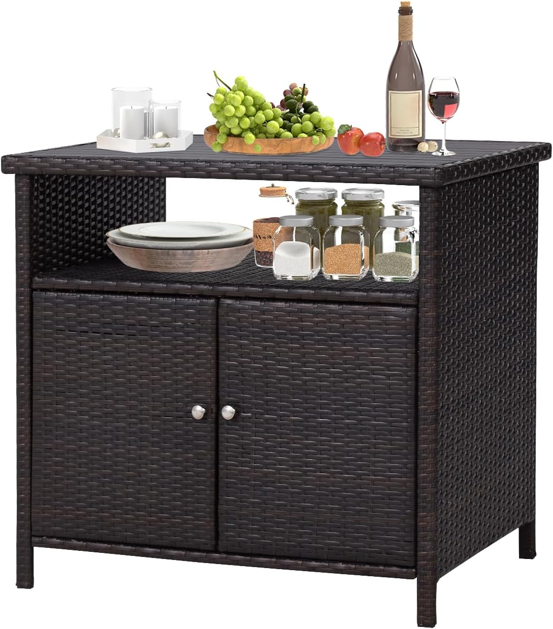 Outdoor Wicker Storage Cabinet - Patio Bar Table with Storage and Doors, Rattan Console Table Buffet Cabinet, Outdoor Storage Unit for Patio, Pool, Garden, Indoor, Kitchen, Dark Brown