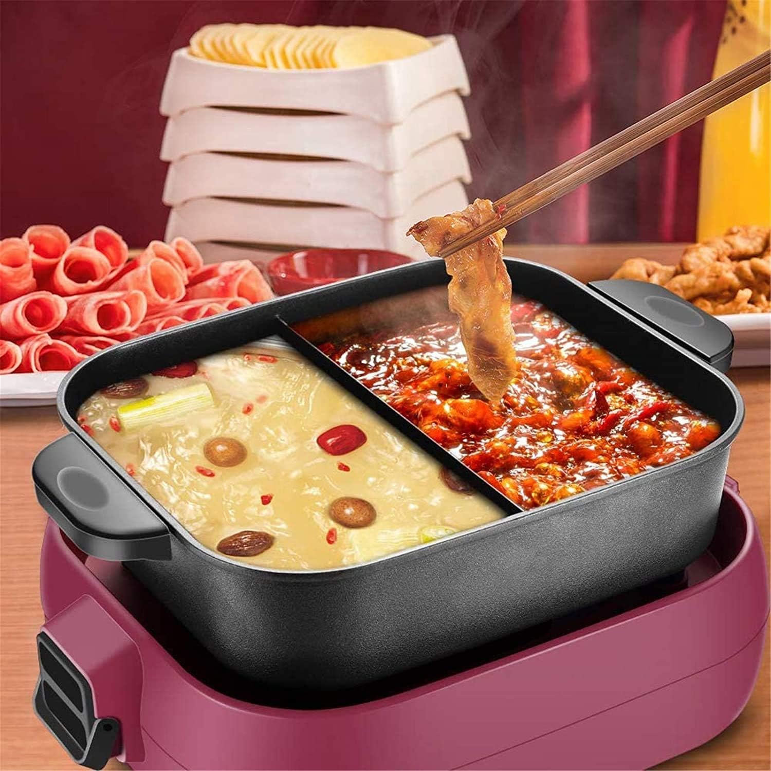2-IN-1 Electric Grill & Hot Pot, Foldable Roasted Baking Pan Dish Pot,Separately Dual Temperature Control BBQ and Smokeless Shabu-pot,2000W